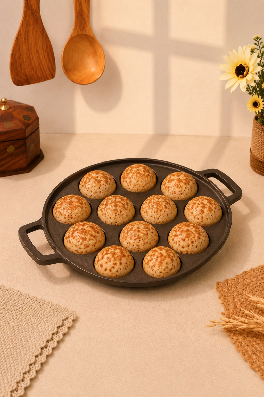 Cast Iron 12 Pit/Cup Kuzhi Paniyaram/Paddu Pan/Appe Maker 31 cm, Pre-seasoned, 100% Pure, Toxin-free, Gas & Induction